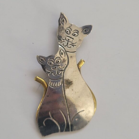 Vintage Brass SterlingTwo Cats Silver & Gold-Tone Brooch Pin Jewelry Accessory - Picture 1 of 8